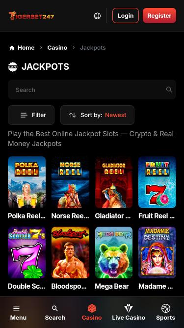 TigerBet247 Casino jackpot mobile page
