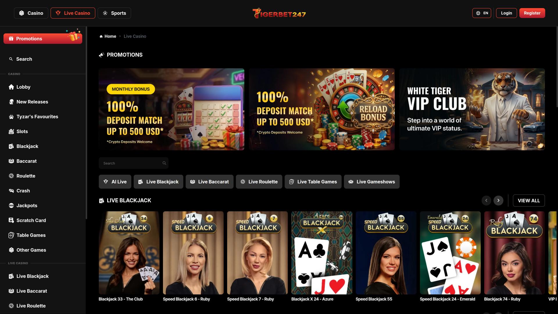 TigerBet247 Casino live dealer page