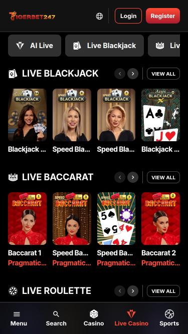 TigerBet247 Casino live dealer mobile page