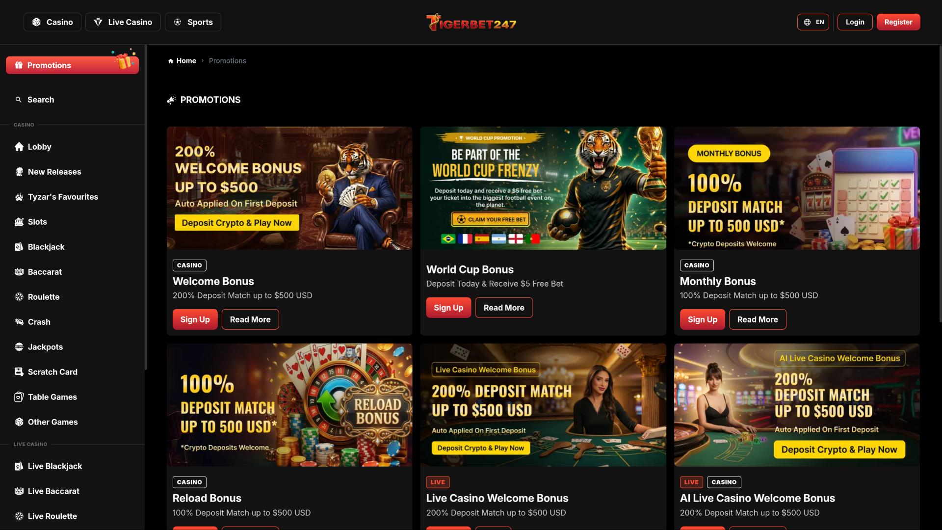 TigerBet247 Casino promotions page