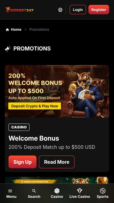 TigerBet247 Casino promotions mobile page