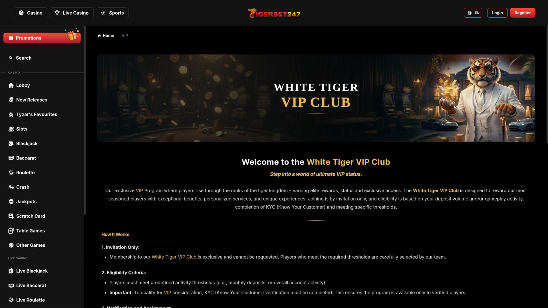 TigerBet247 Casino VIP page