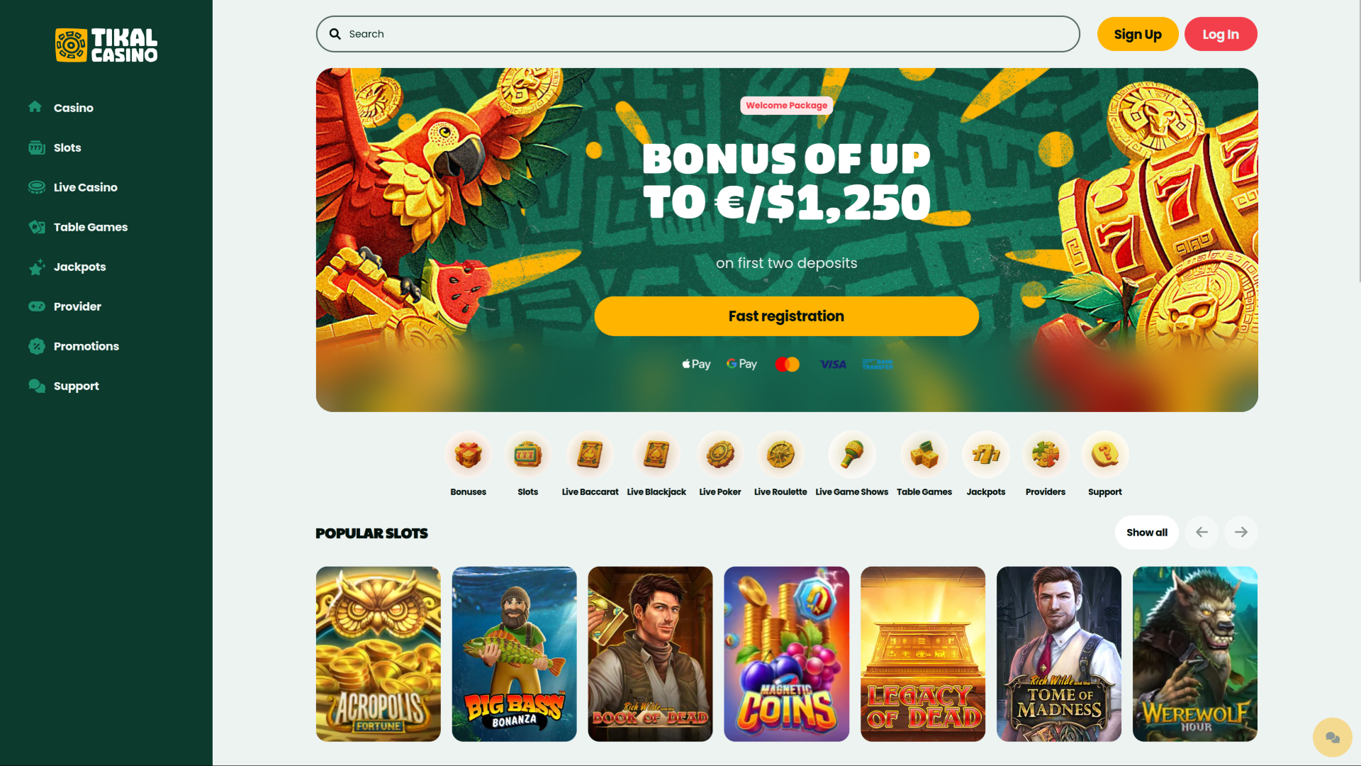 Tikal Casino Desktop Homepage