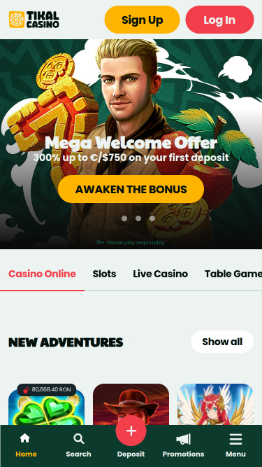 Tikal Casino Mobile Homepage