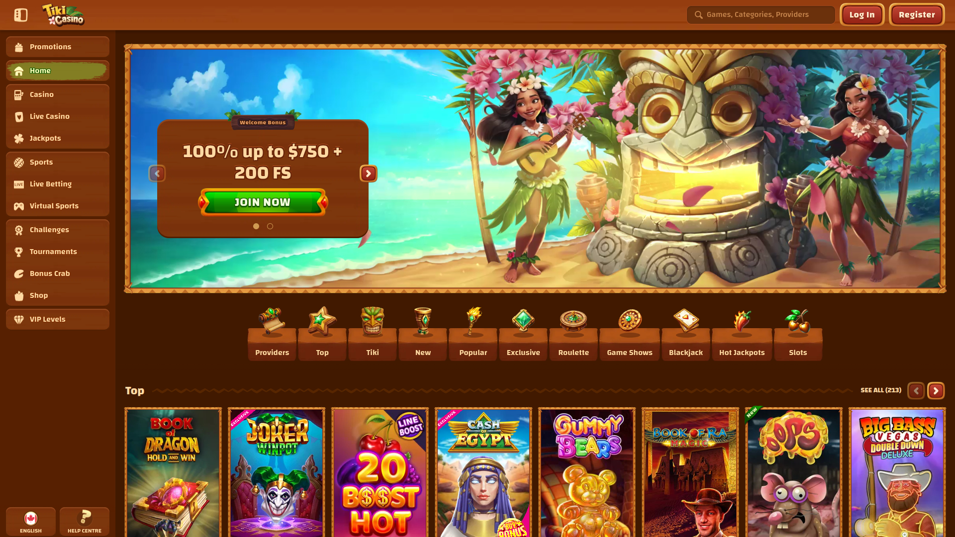 Tiki Casino Desktop Homepage