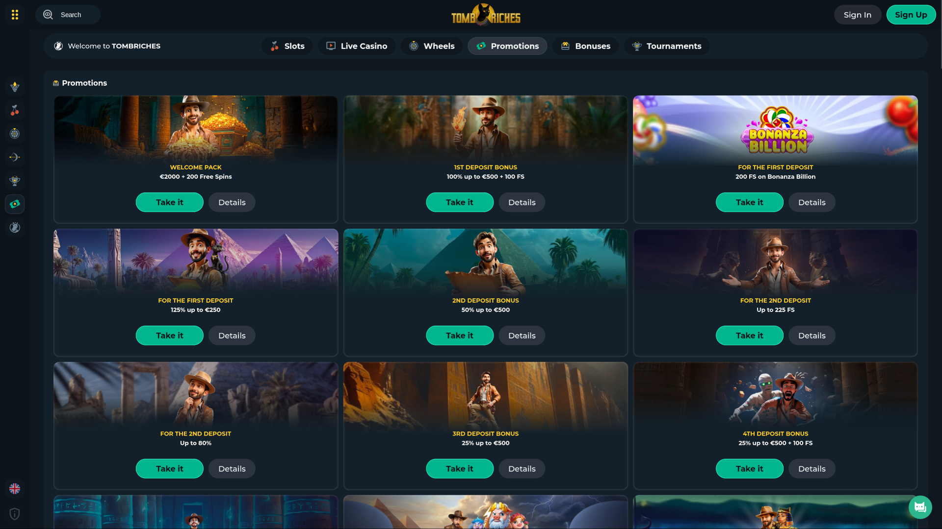 TombRiches Casino Desktop Promotions