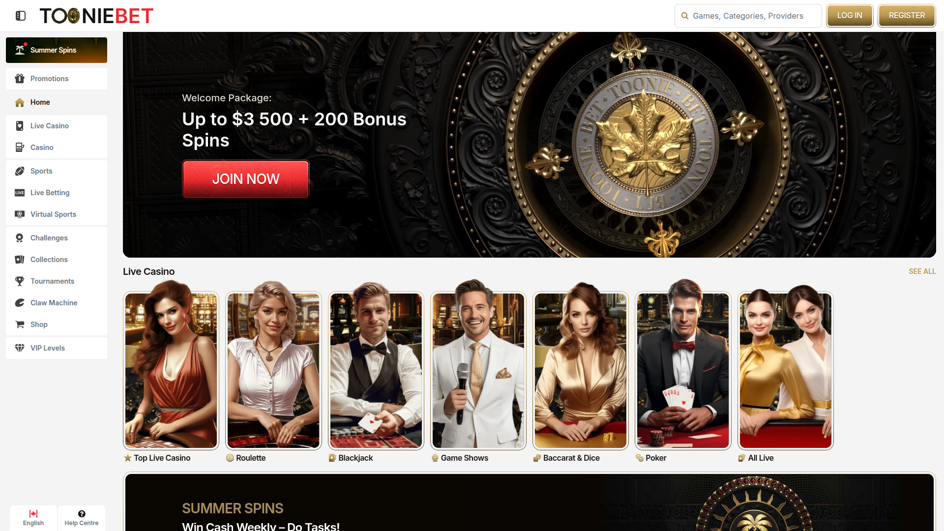 ToonieBet Casino Desktop Homepage