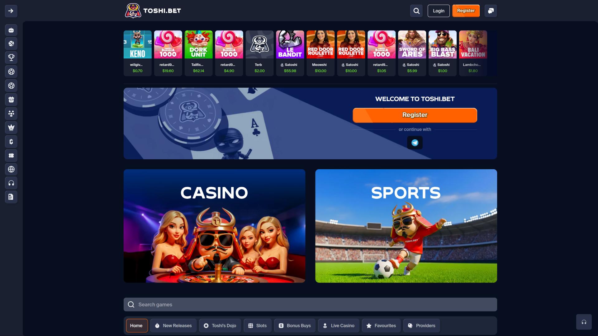 Toshi.bet Casino homepage