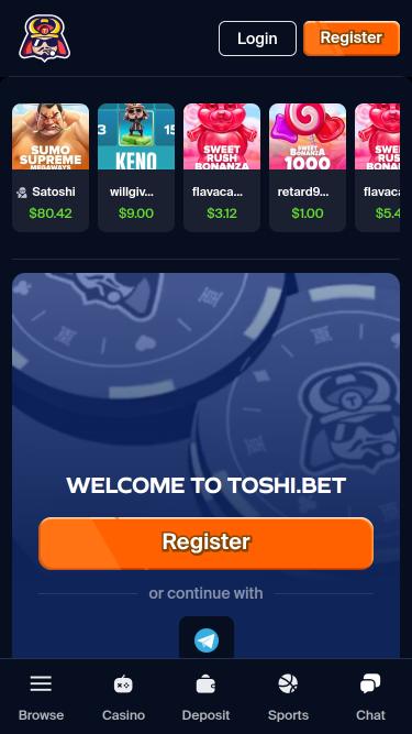 Toshi.bet Casino mobile homepage