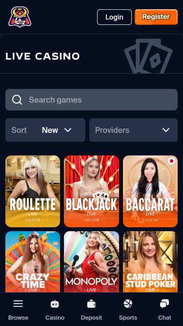 Toshi.bet Casino live dealer mobile page