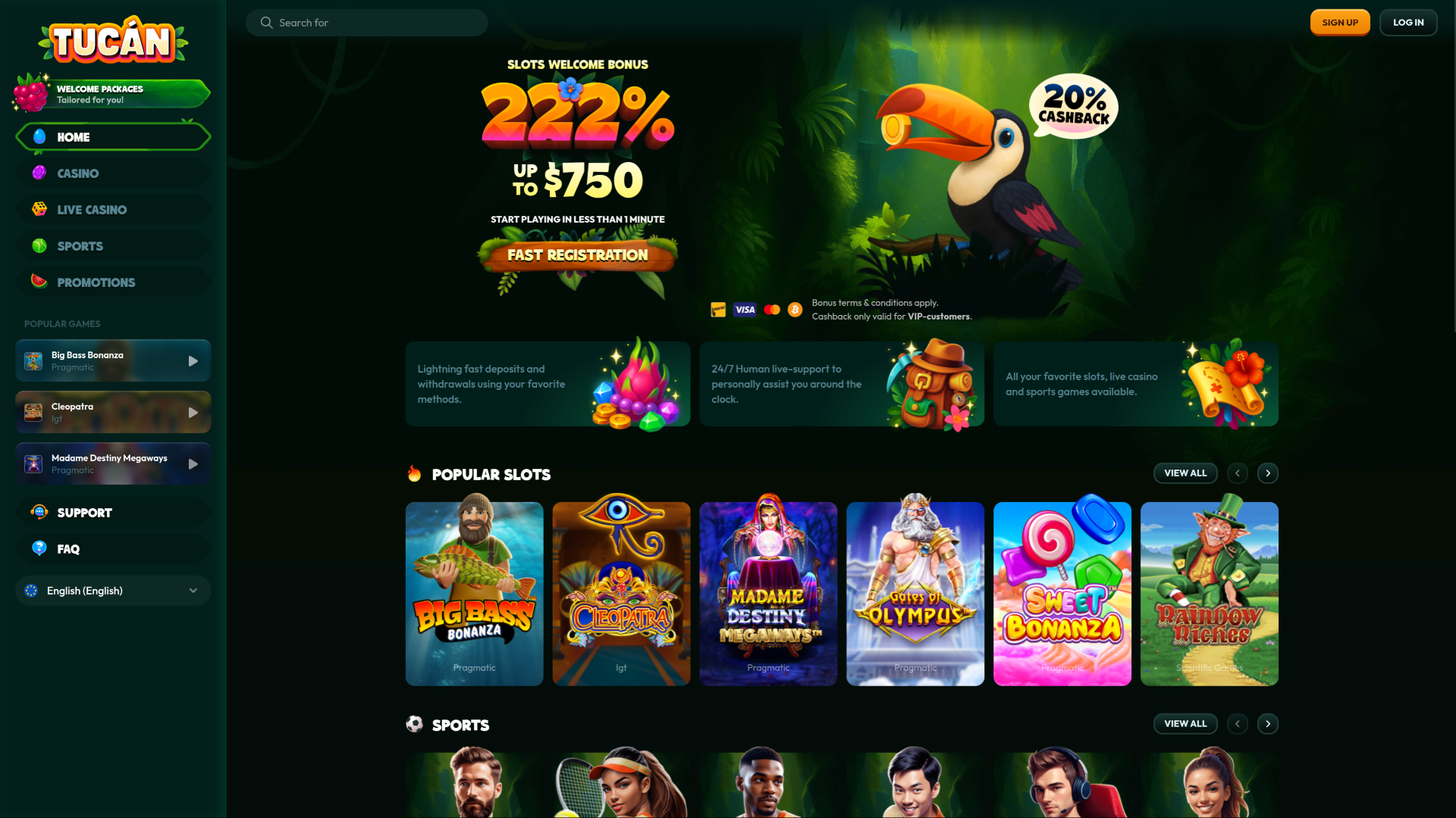 Tucan Casino Desktop Homepage