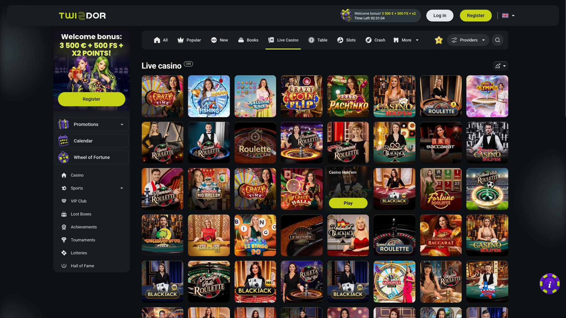 Twindor Casino live dealer page