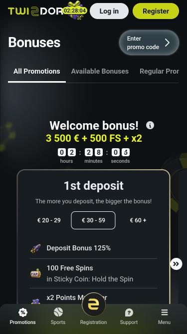 Twindor Casino promotions mobile page