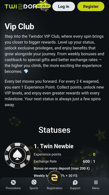 Twindor Casino VIP mobile page