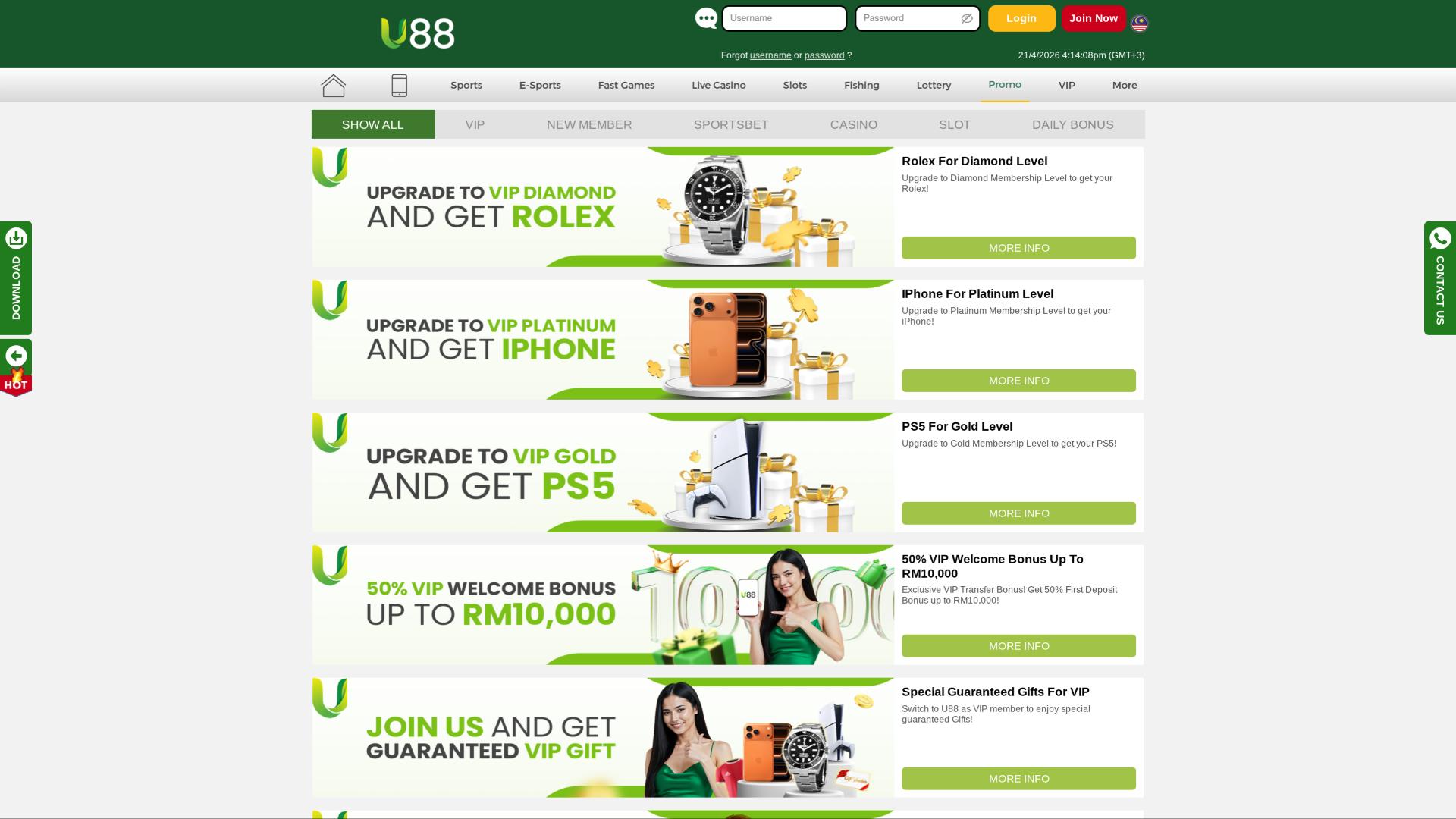 U88 Casino promotions page