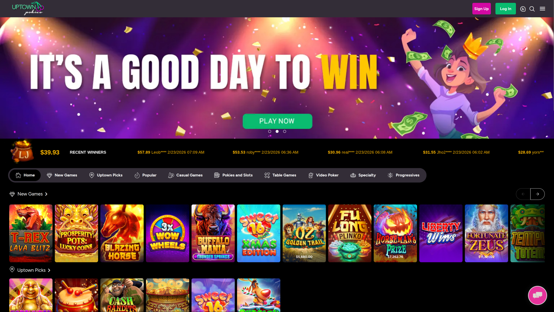 UpTown Pokies Casino Desktop Homepage
