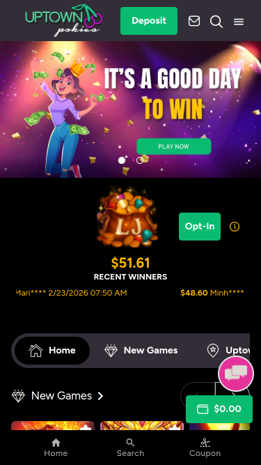 UpTown Pokies Casino Mobile Homepage