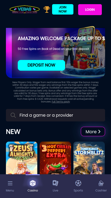 Vegas Mobile Casino Mobile Homepage