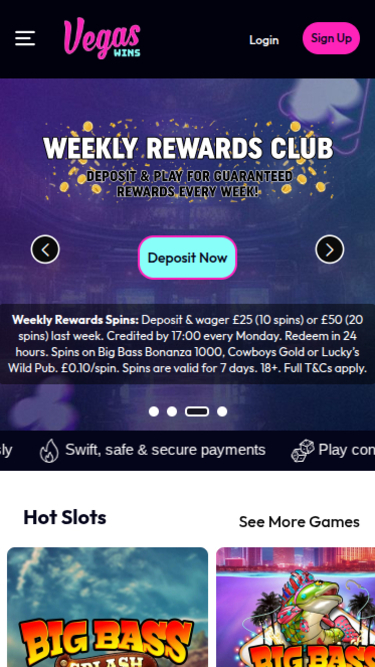 Vegas Wins Casino Mobile Homepage