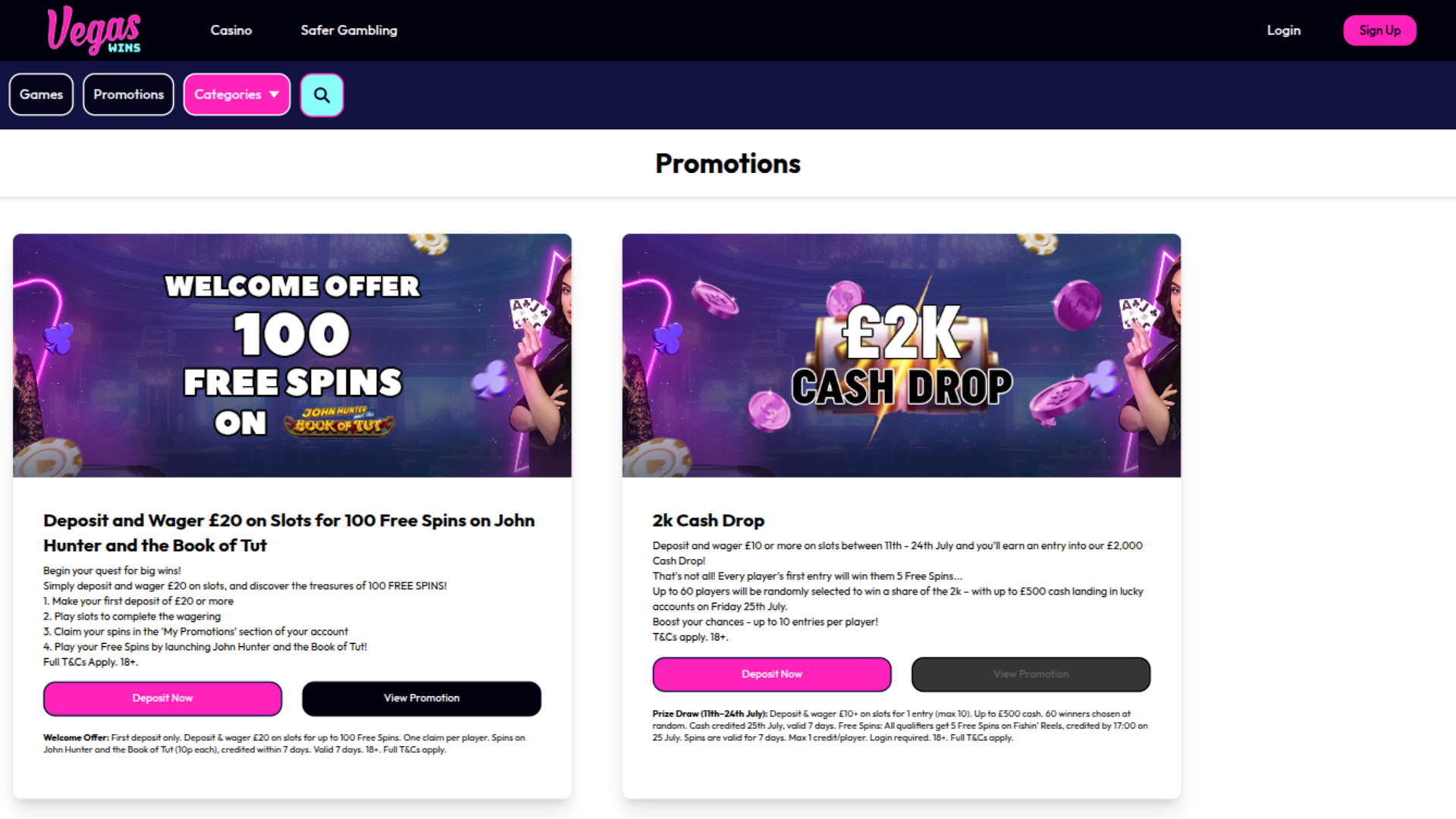 Vegas Wins Casino Desktop Promotions