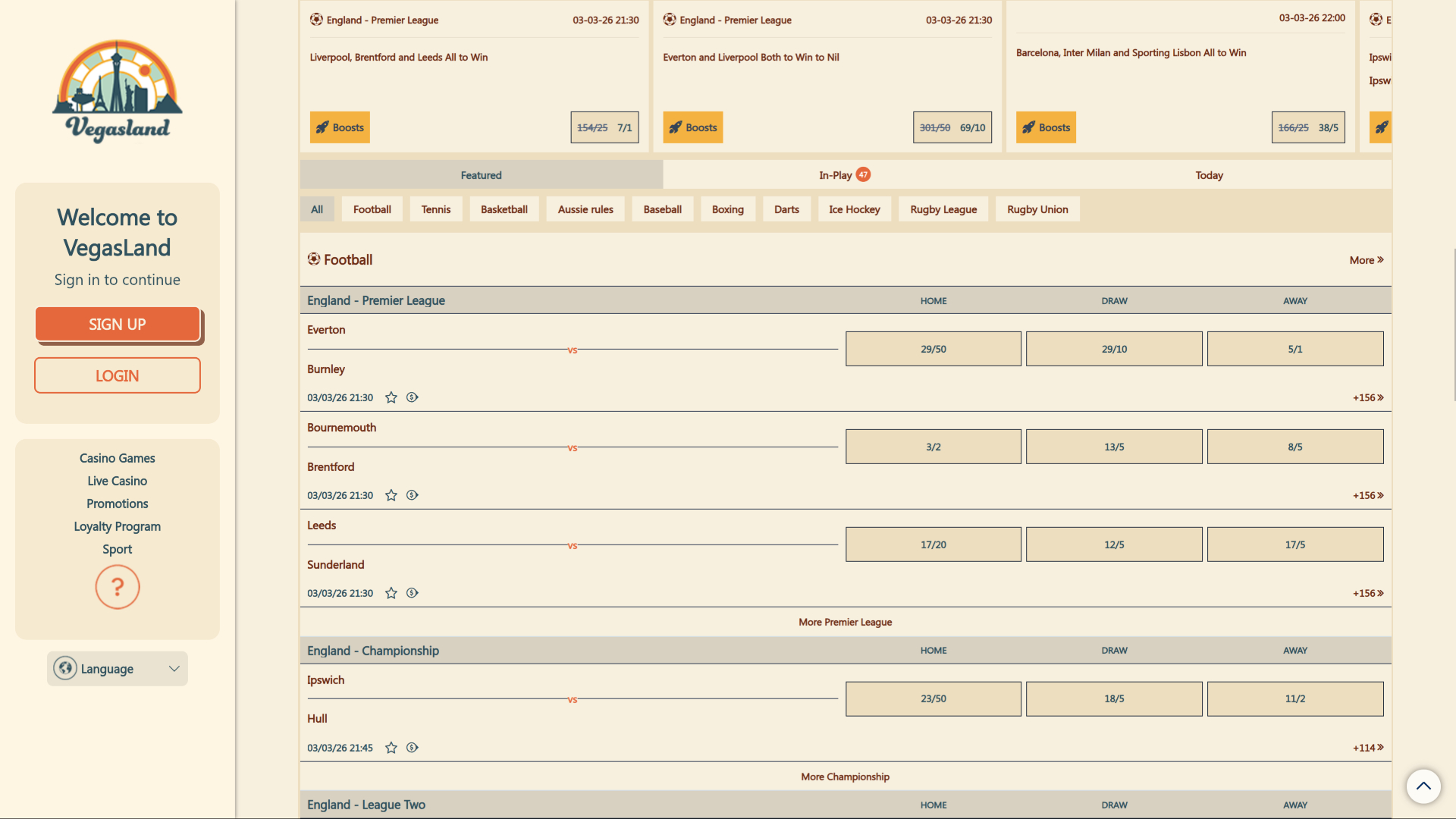 VegasLand Casino Desktop Sports