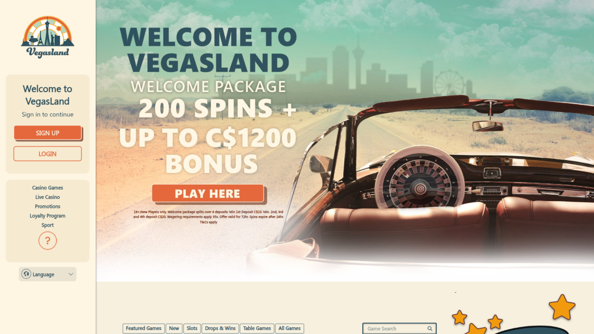 VegasLand Casino Desktop Homepage