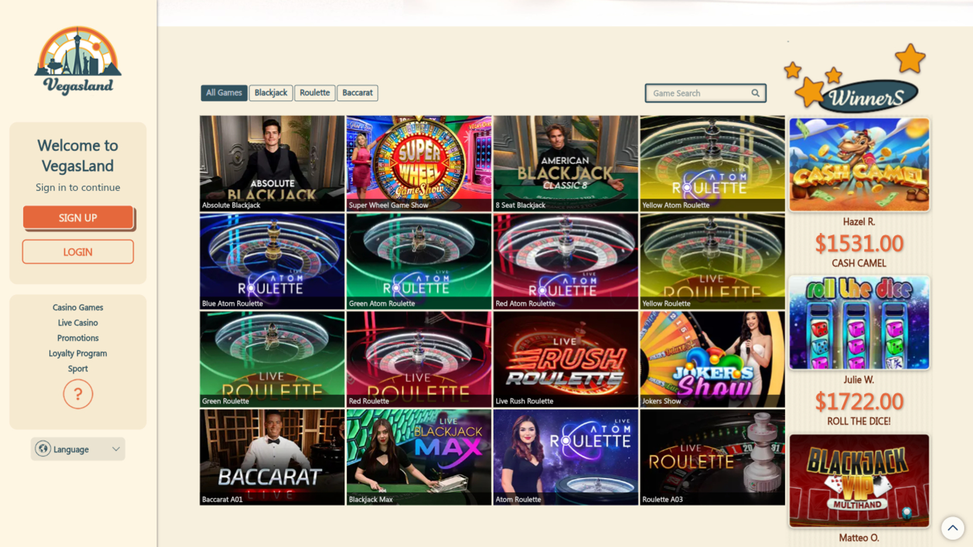 VegasLand Casino Desktop Live Dealer