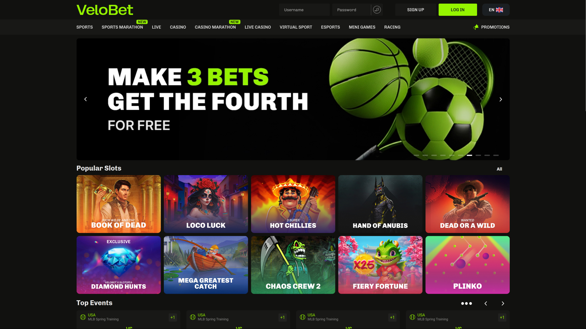 Velobet Desktop Homepage