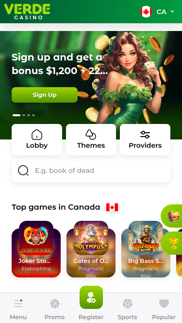 Verde Casino Mobile Homepage