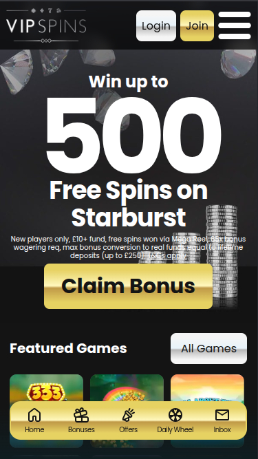 VIP Spins Casino Mobile Homepage