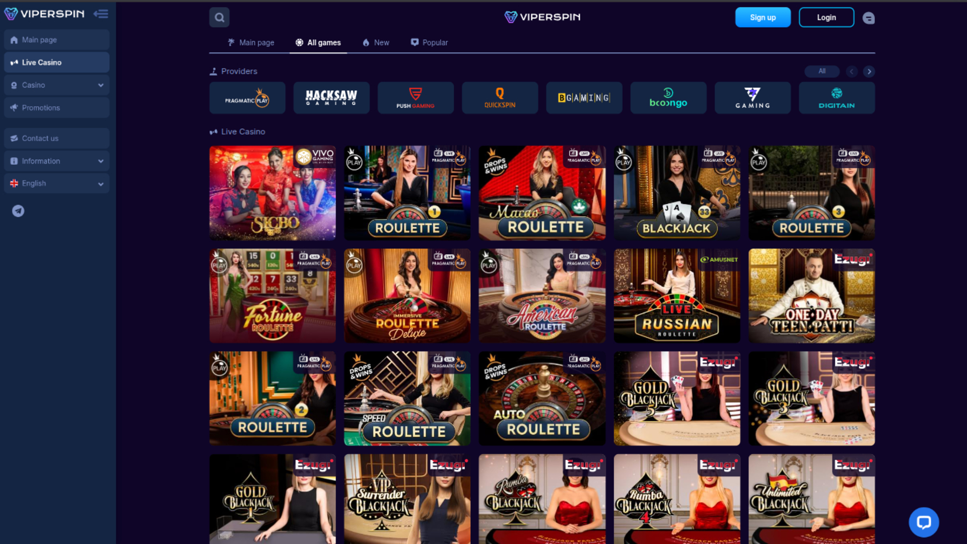 Viperspin Casino Desktop Live Dealer