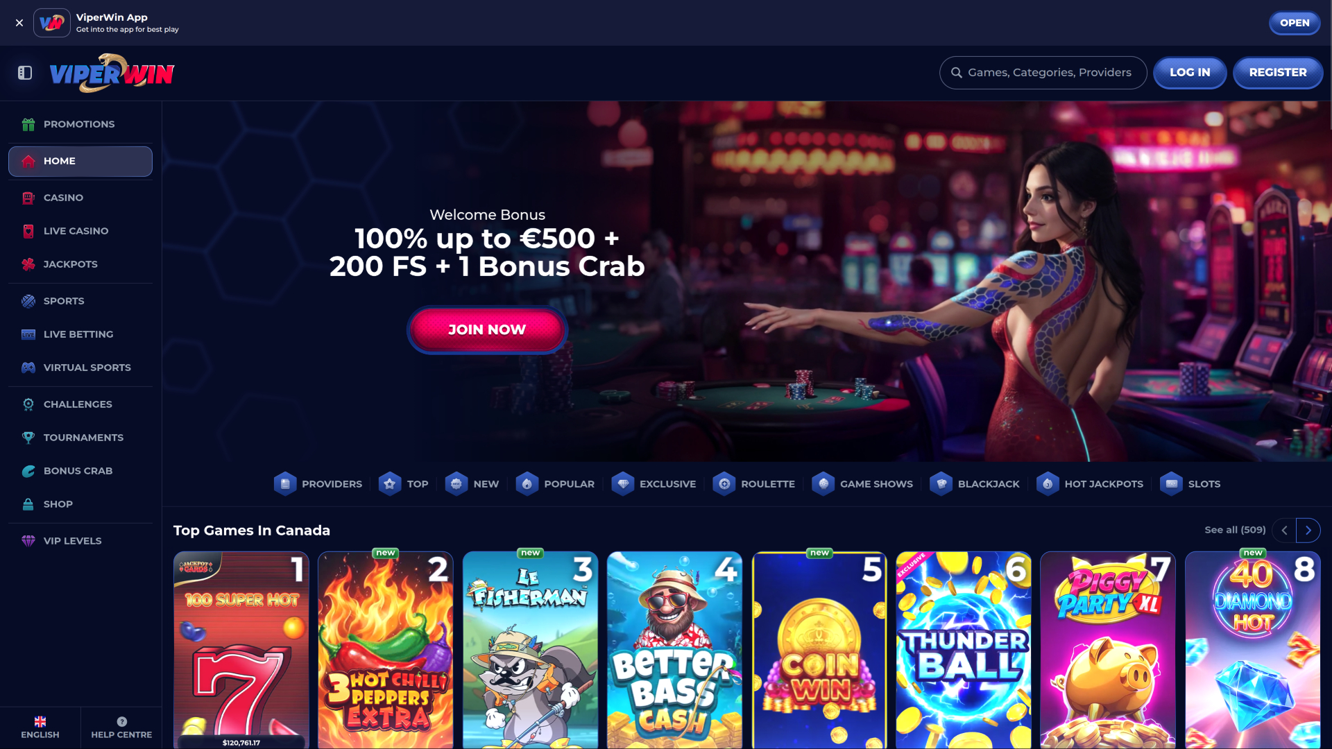 ViperWin Casino Desktop Homepage