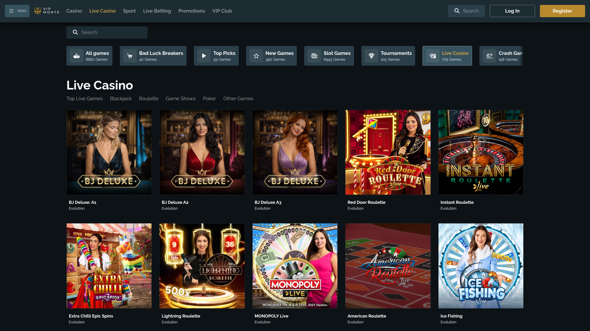 VipMonte Casino Desktop Live Dealer