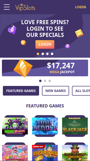 VipSlots Casino Mobile Homepage