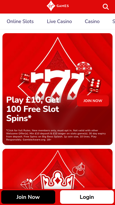Virgin Games Mobile Homepage