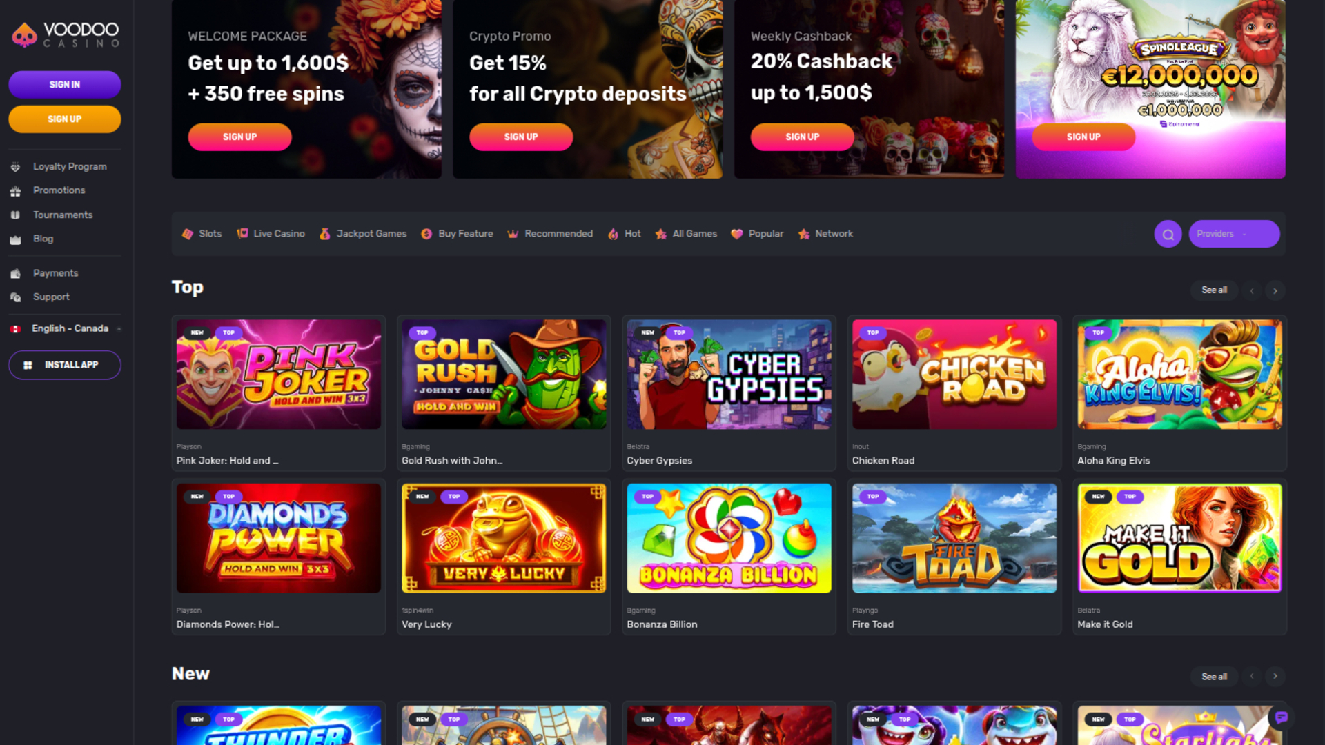 Voodoo Casino Desktop Homepage