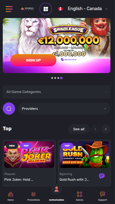 Voodoo Casino Mobile Homepage