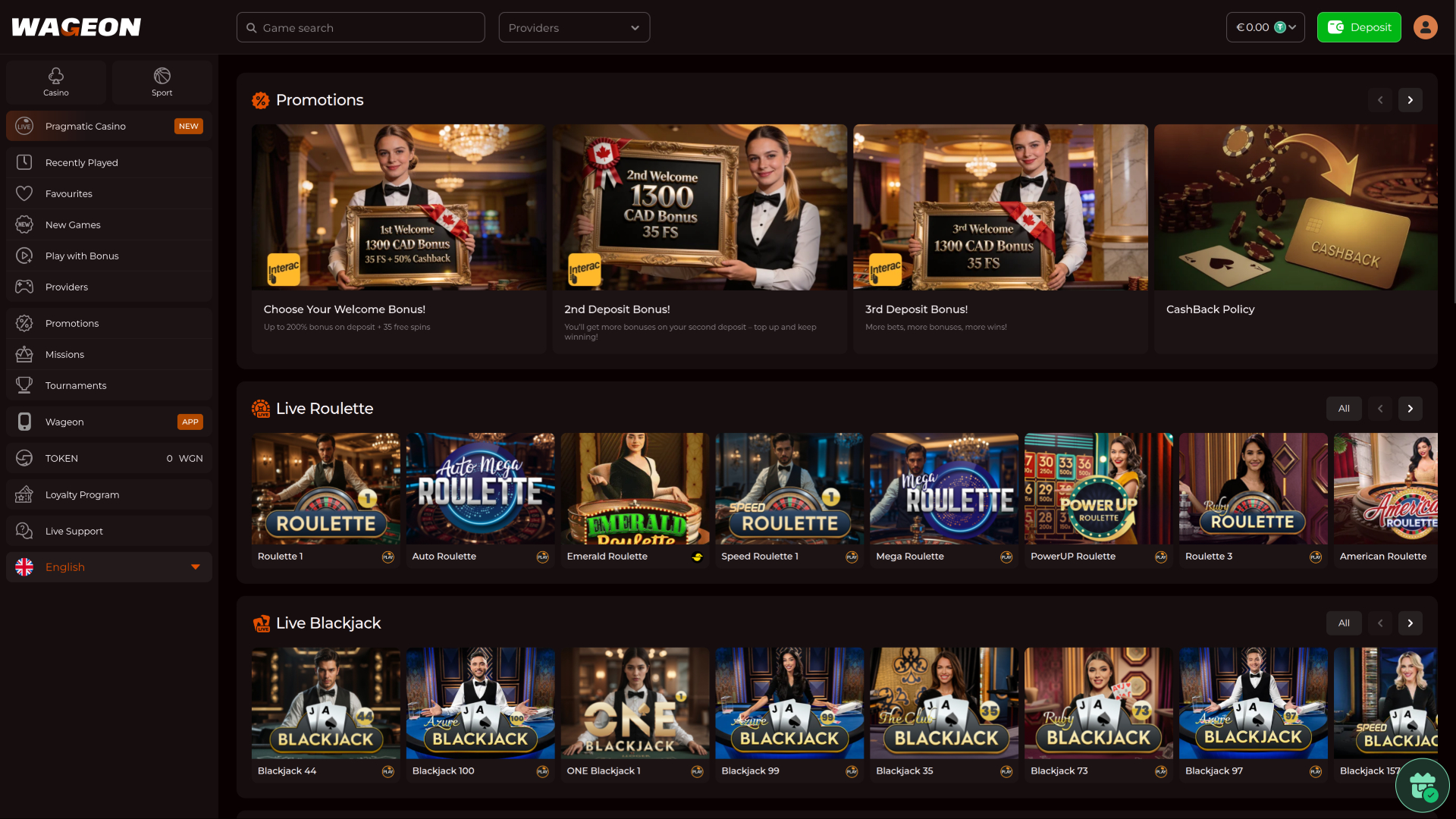 Wageon Casino Desktop Homepage