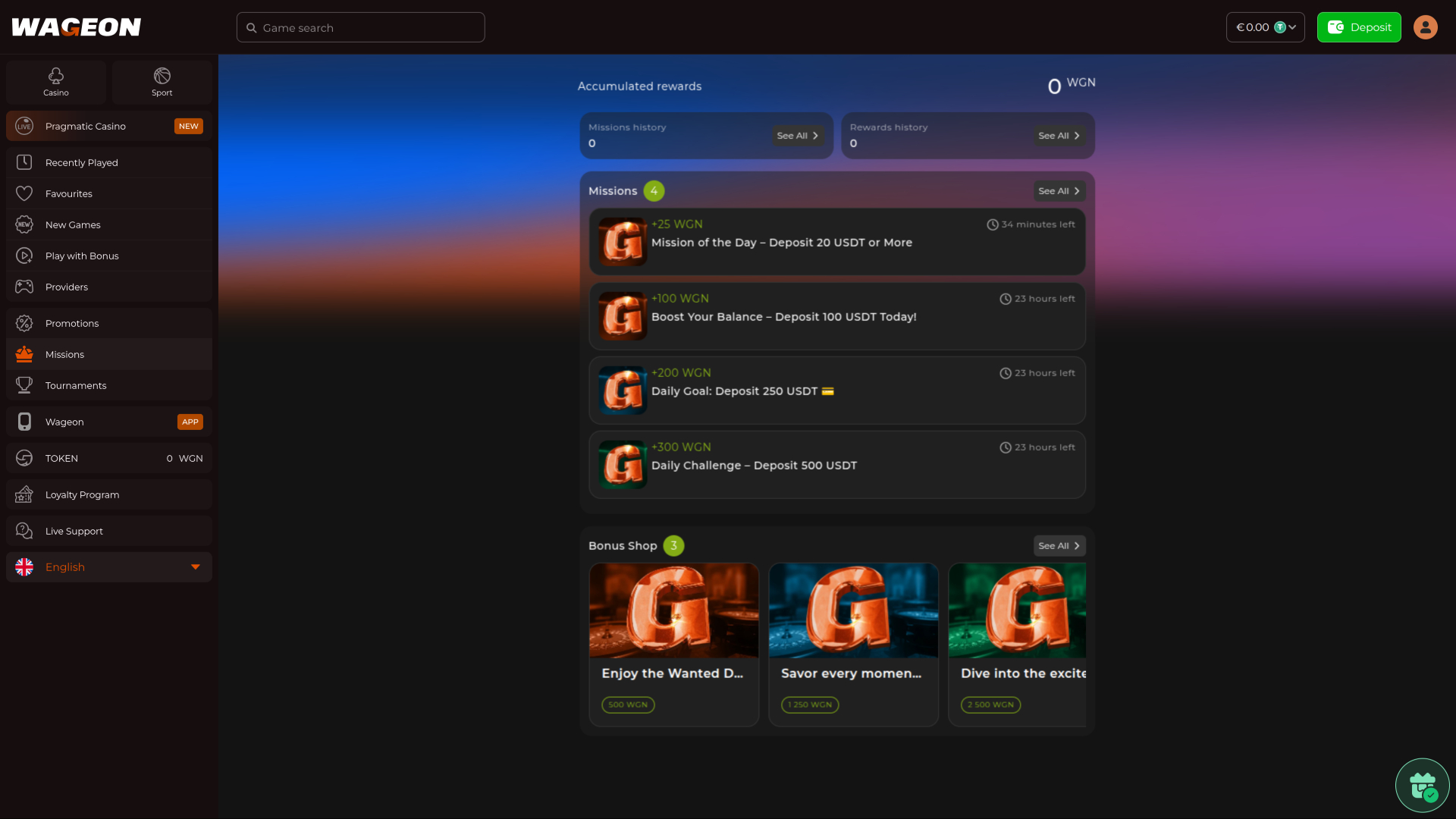 Wageon Casino Desktop Missions