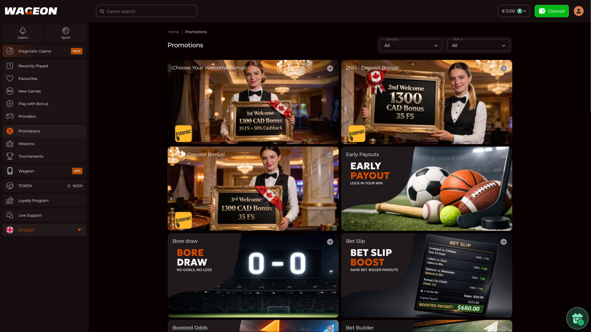 Wageon Casino Desktop Promotions