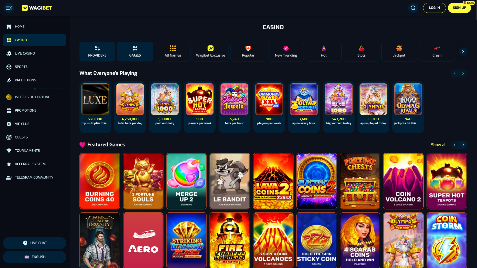 Wagibet Casino Games page