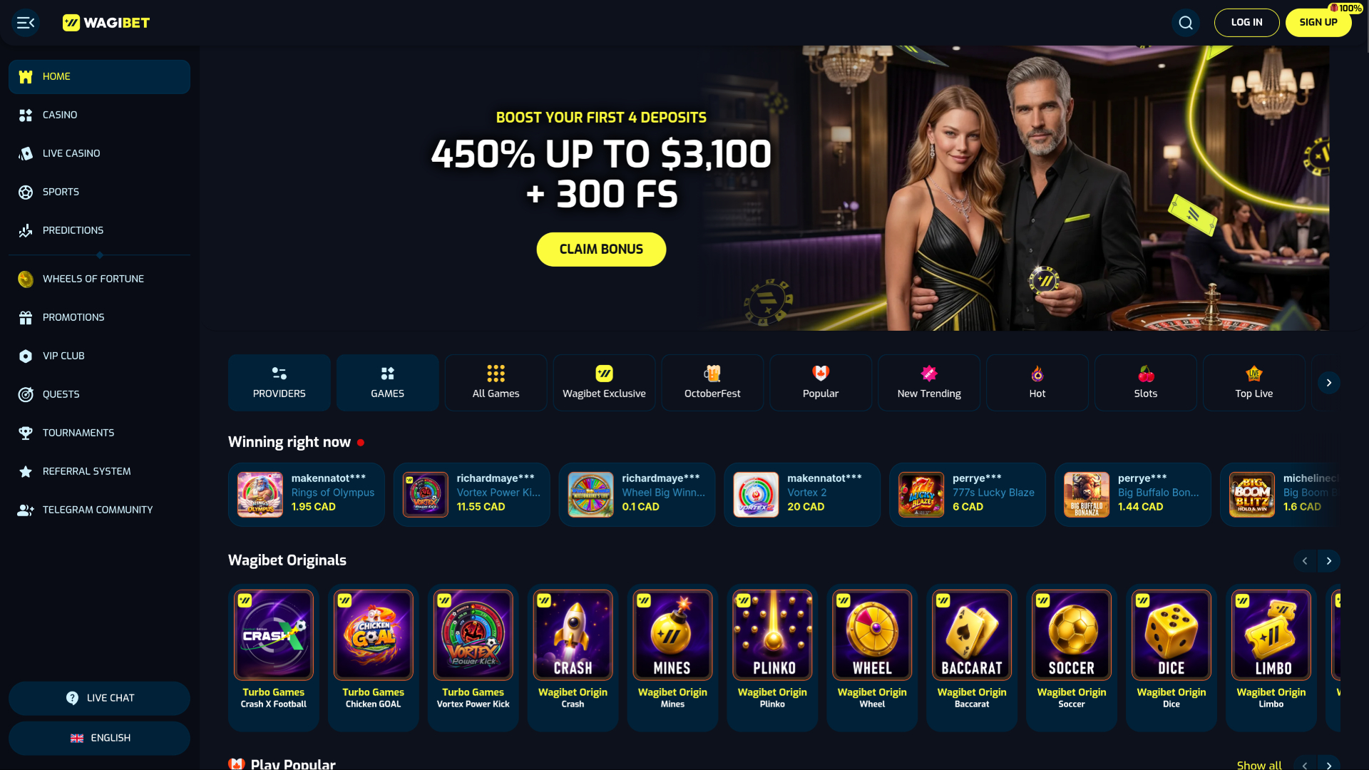 Wagibet Casino homepage