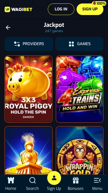Wagibet Casino Jackpot mobile page