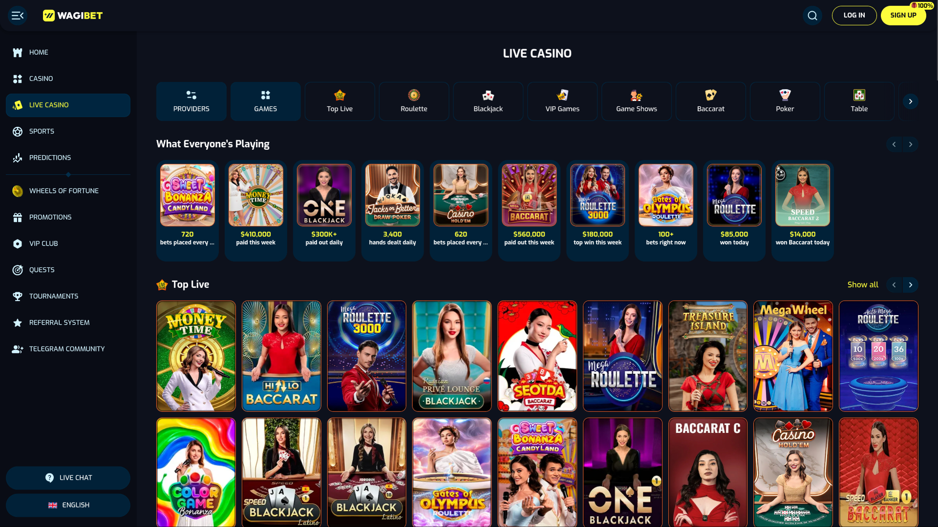 Wagibet Casino Live Dealer page