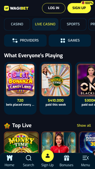 Wagibet Casino Live Dealer mobile page