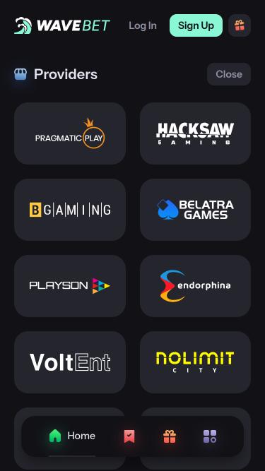 WaveBet Casino game developers mobile page
