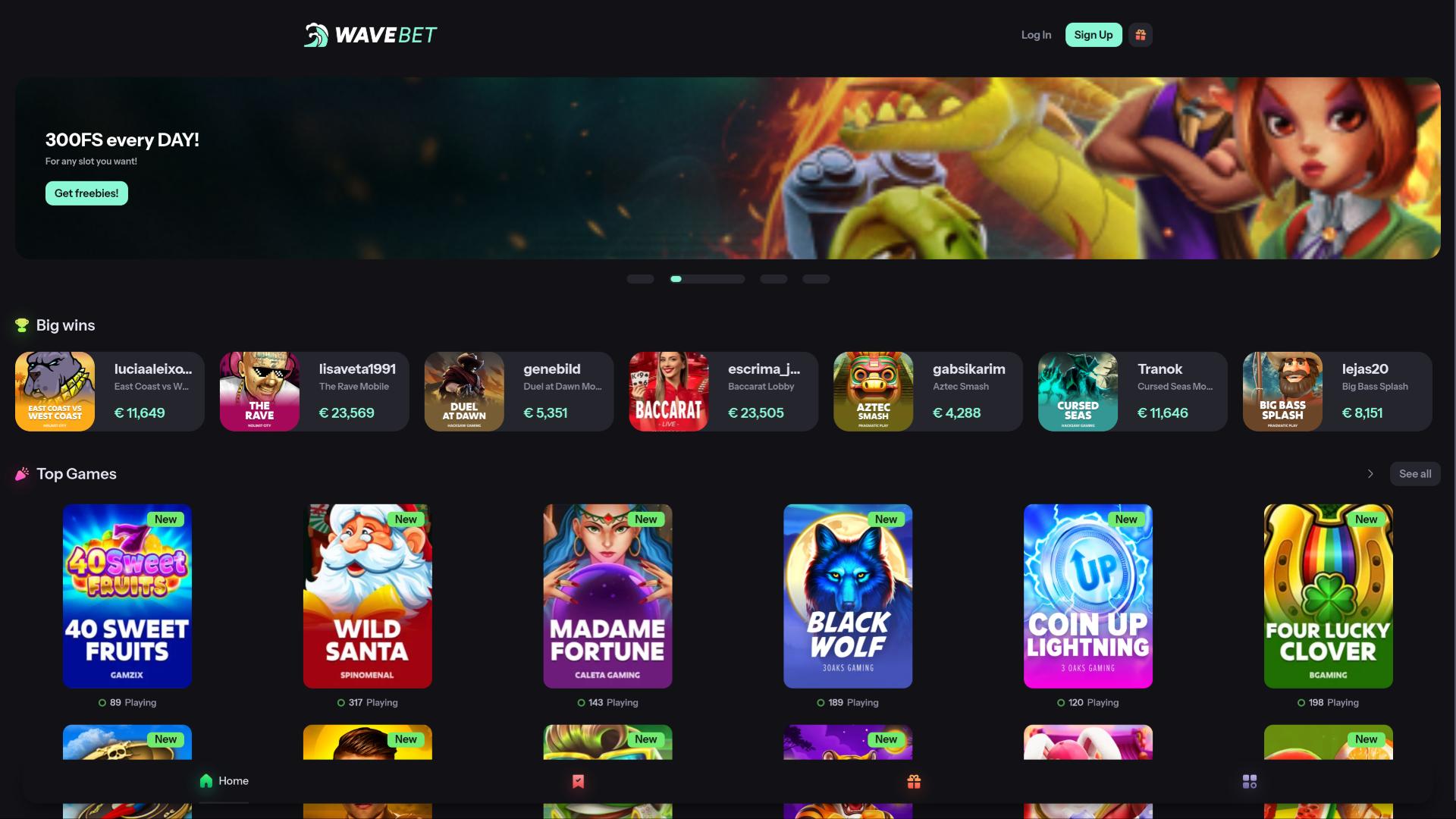 WaveBet Casino homepage