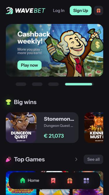 WaveBet Casino mobile homepage