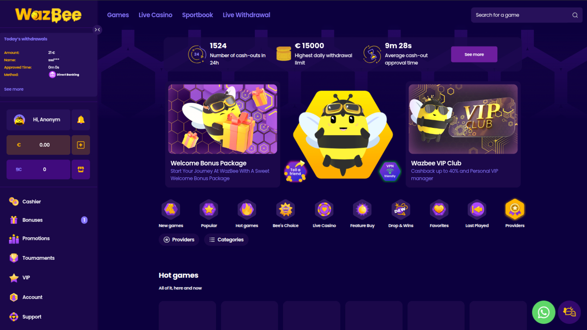 Wazbee Casino Desktop Homepage