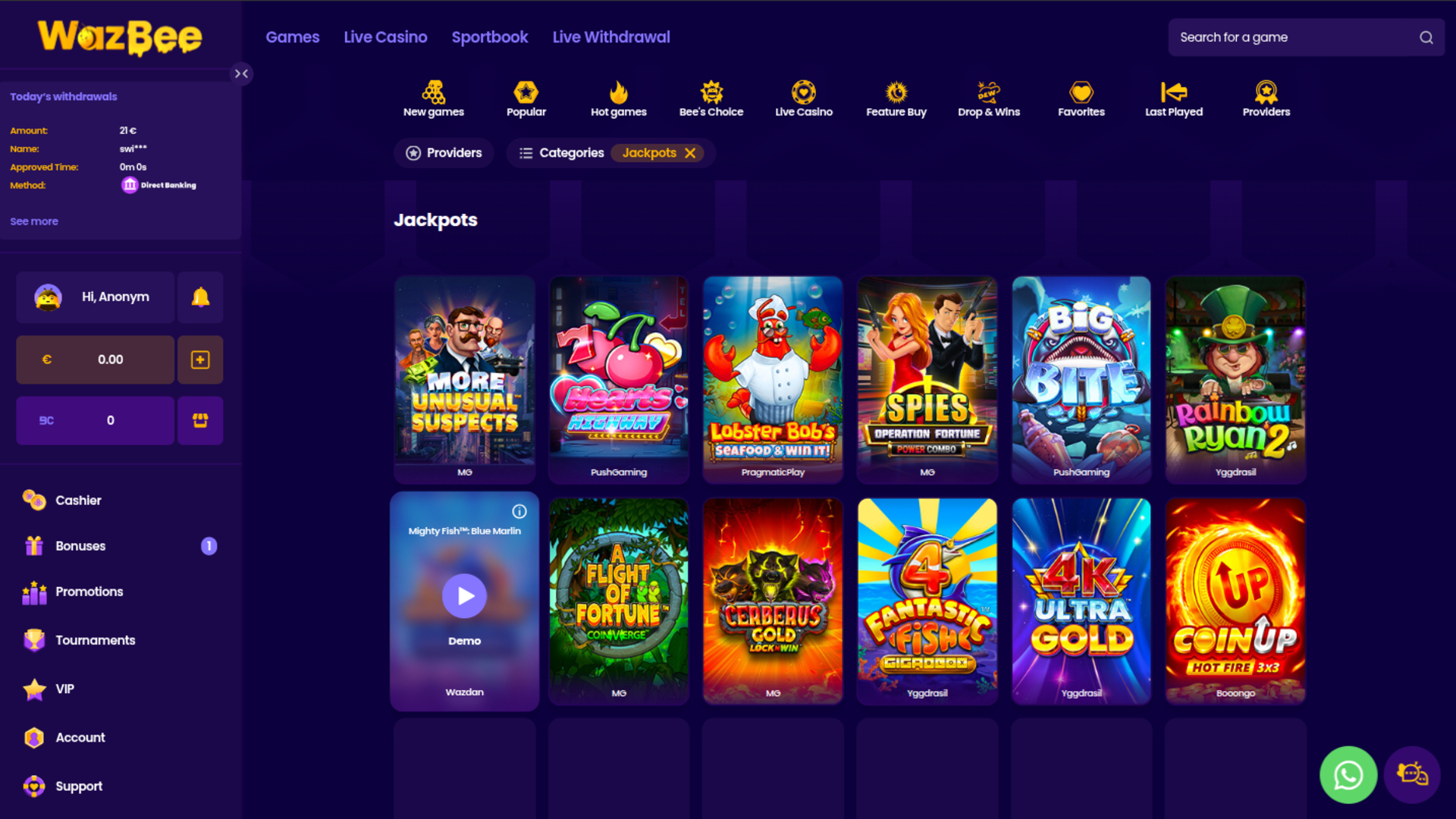Wazbee Casino Desktop Jackpot
